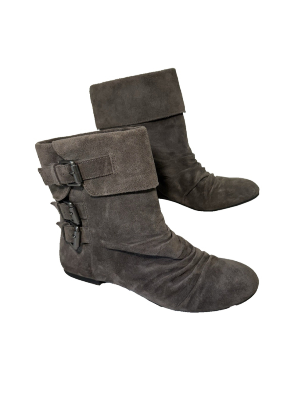 Giani Bini Gray Suede Flat Ankle Booties Size 8.5 M triple buckle